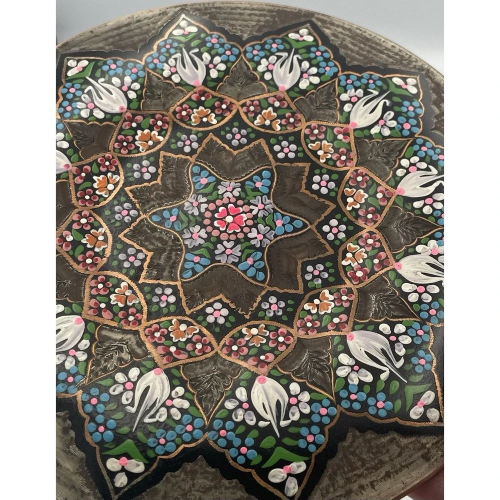 Vintage Turkish Etched Copper Wall Plate Hand-painted Enamel Hanging 7.5